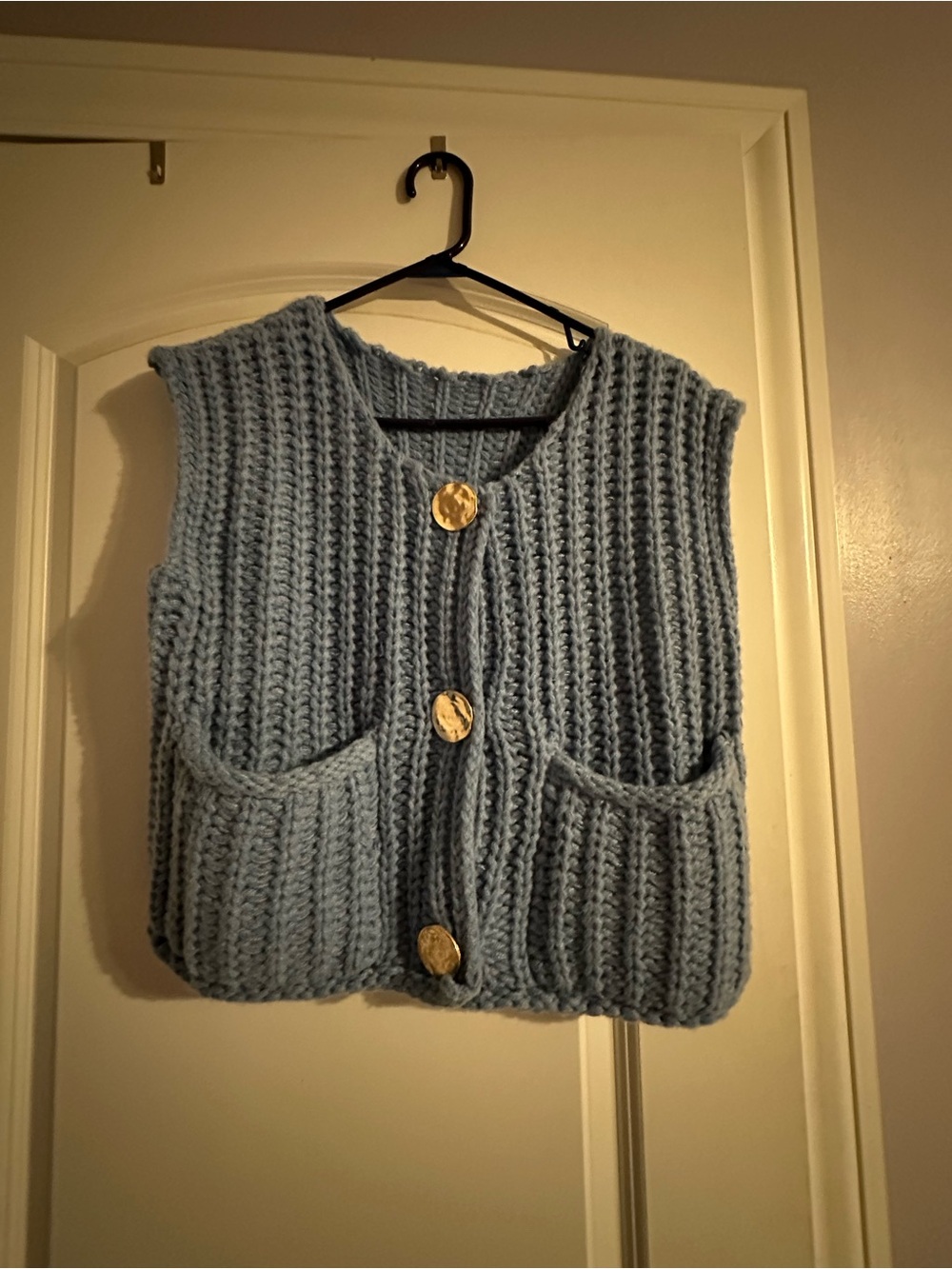 Light Blue Chunky Knit Button-Front Sweater Vest